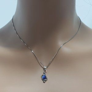 Blue Opal Vintage Delicate Pendant Necklace in 925 Silver